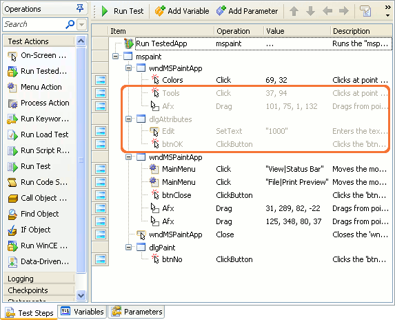 Disabled operations in a keyword test are grayed out