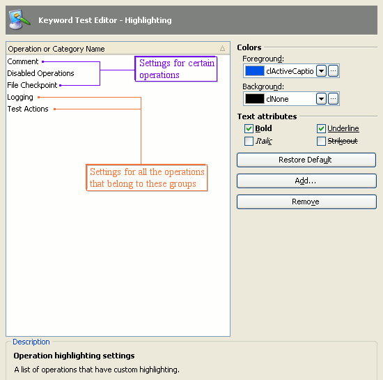 Keyword test highlighting options