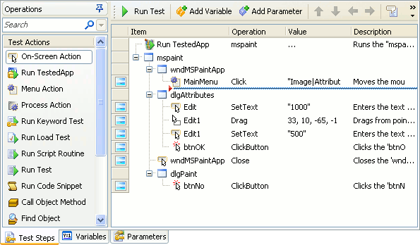 Operation insertion marker in a keyword test