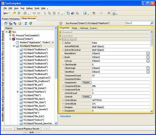 VCL object properties in TestComplete's Object Browser