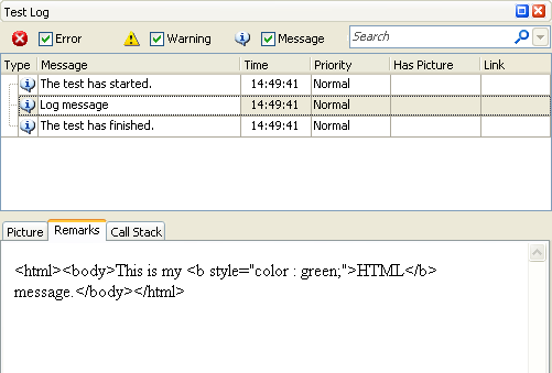 HTML code in the test log. HTML code in the test log