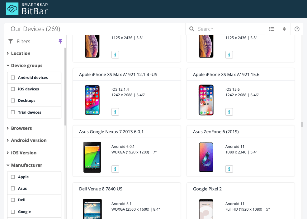 BitBar real devices and browsers list