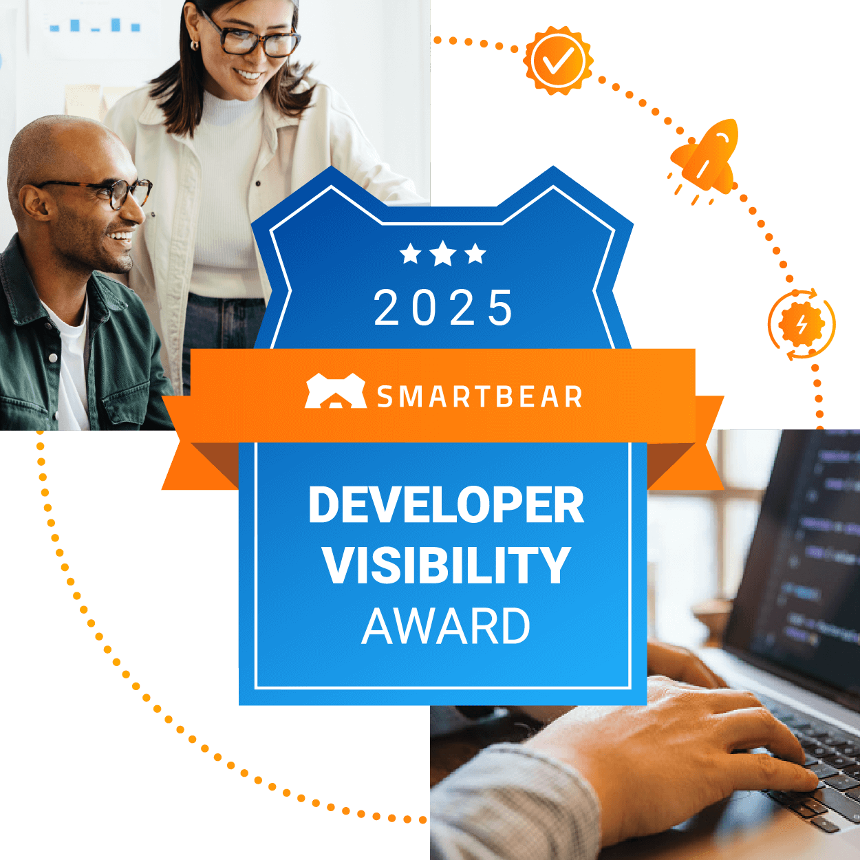 A badge that says smartbear software for good award with smaller images of people doing good things