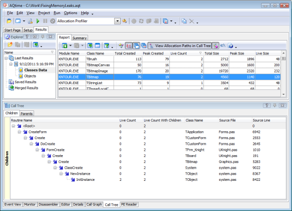 Figure 13. Viewing Call Stack for the Unreleased TBitmap Class