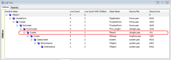 Figure 14. TBoard.Create routine in the Call Stack