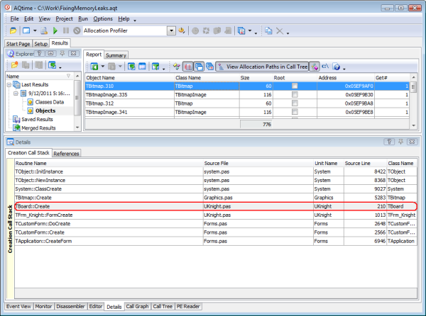 Figure 15. Viewing Call Stack for the Leak TBitmap.310 Object