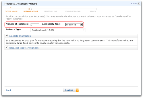 The INSTANCE DETAILS page of the Request Instances Wizard