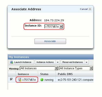Selecting the instance to be associated with the elastic IP