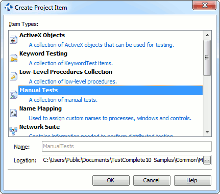 Create Project item Dialog