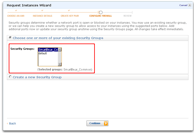 Selecting Amazon Web Services EC2 security groups