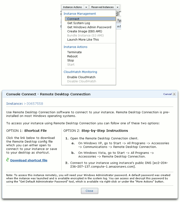 Amazon Web Services EC2 instance connection instructions