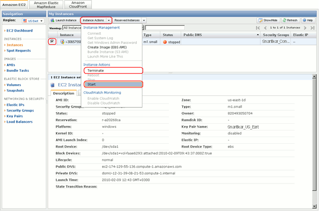 Starting or terminating an Amazon Web Services EC2 instance
