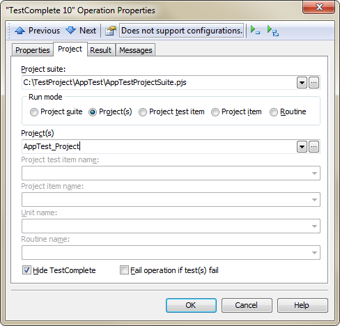 Project Page in TestComplete Operation Properties Dialog