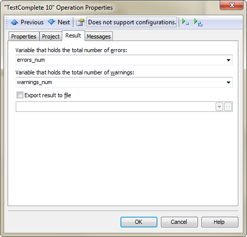 Result Page in TestComplete Operation Properties Dialog