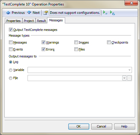 Messages Page in TestComplete Operation Properties Dialog