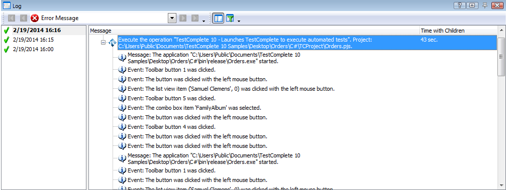 The test log with TestComplete messages.