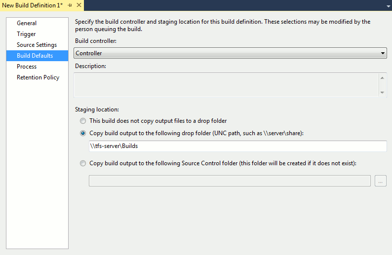 Build Defaults Page in the Build Definition Window