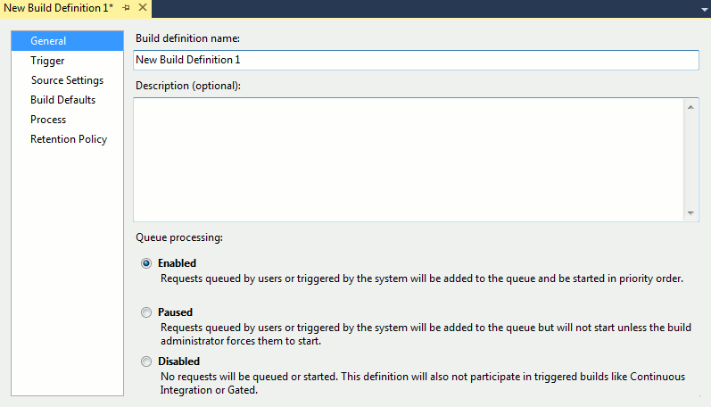 Build Definition dialog in Visual Studio