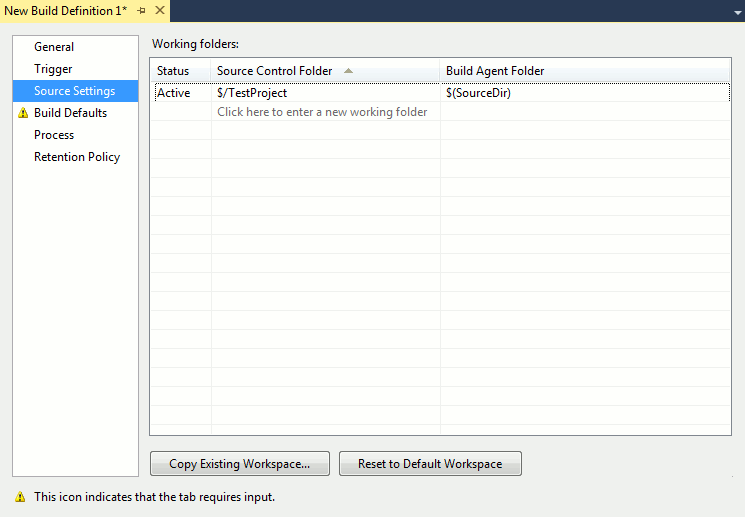 Workspace page in the Build Definition dialog